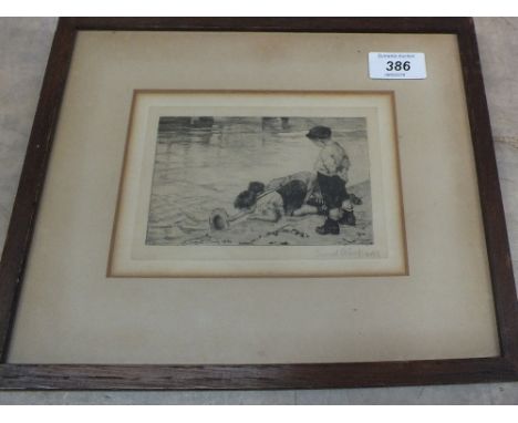 Ernest Stamp ARE (1869-1942) etching of boys by a rivers edge, signed in pencil bottom right, 5" x 7"