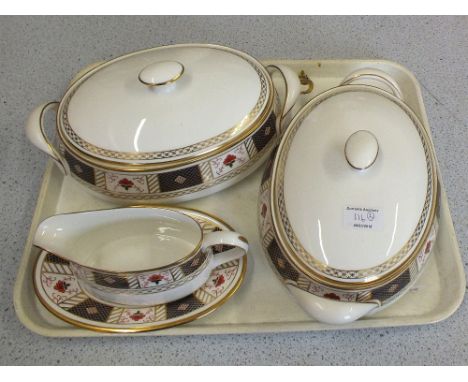 A Royal Crown Derby twenty eight piece part dinner service including plates, tureens, gravy boat etc (two trays)