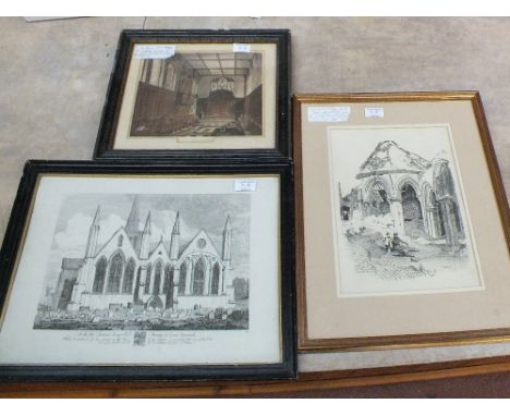 A Pugin coloured etching of Christs College, John Sel Cotman etchings of Gt Yarmouth church and North Creek Abbey, Spy cartoo