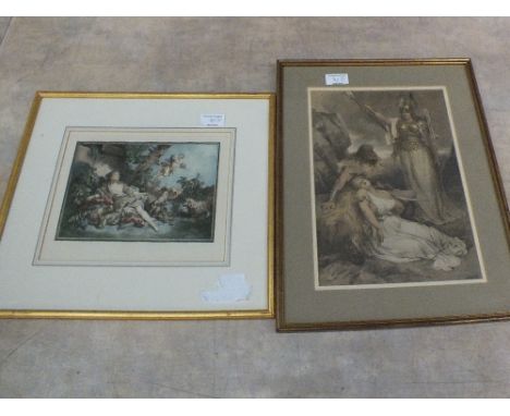 Thomas Rowlandson coloured print 'She will be a Soldier', a coloured etching of Pulls Ferry Norwich, five other pictures, a p