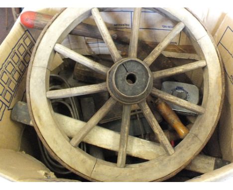 A box containing vintage barrow wheel, tools etc