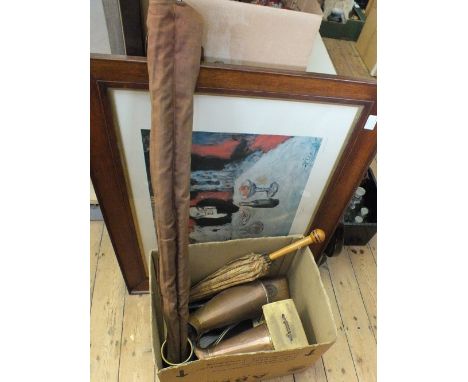 A glass sided clock, copper jugs, tools, parasol, fishing rod plus a Picasso print etc