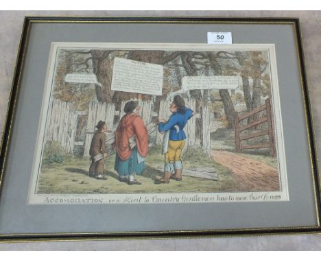 An 1827 Maclean published coloured print, 'Accommodation-Or a Hint to Country Gentlemen How to Save Their Fences', 9" x 13"