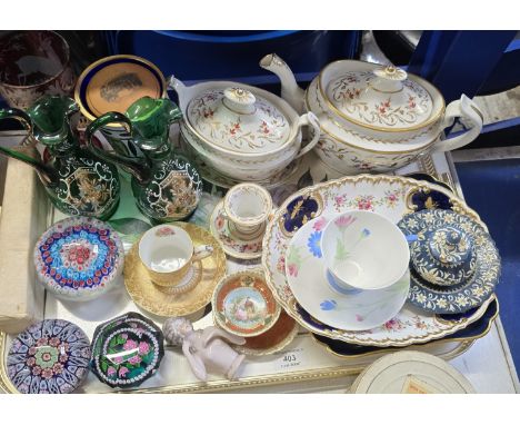 TRAY CONTAINING 3 GLASS PAPERWEIGHTS, GEORGE JONES &amp; SONS CABINET CUP &amp; SAUCER, VARIOUS PORCELAIN SHELLEY CUP &amp; S