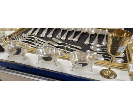 BIRMINGHAM SILVER GILDED CHALICE, PAIR OF BIRMINGHAM SILVER SAUCE BOATS &amp; SHEFFIELD SILVER SAUCE BOAT, WEIGHT APPROX 361.