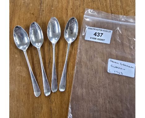 SET OF 4 SCOTTISH SILVER TEA SPOONS BY ADAM GRAHAM OF GLASGOW CIRCA 1763, WEIGHT APPROX 29.6 GRAMS