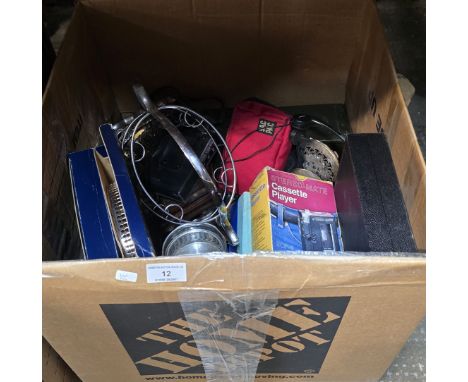 BOX CONTAINING THE WALKMAN, EP CAKE STAND, METAL FRAMED WALL MIRROR, EP GALLERY TRAY, AMMUNITION BOX, CUTLERY ETC