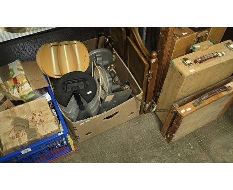 2 BOXES OF VARIOUS KITCHEN SCALES, BRASS DOG ENDS, MID CENTURY LAMP, EP WARE, SMALL GLASSES, GEISHA GIRL DISPLAY, 3 PAINTING 