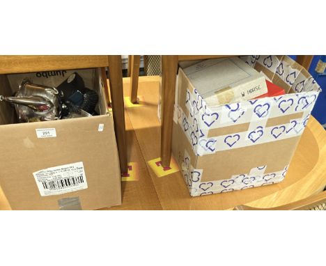 2 BOXES CONTAINING EP TEAPOT, GLOBE, CAKE PLATE, RESIN FIGURES, PEWTER QUAICH, COMPASS, BRASS HORSE ORNAMENT, MAGNIFYING GLAS