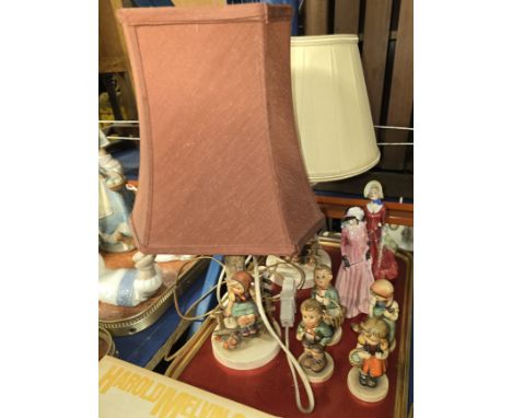 TRAY CONTAINING 2 ROYAL DOULTON FIGURINES , 2 GOEBEL TABLE LAMPS &amp; 4 GOEBEL FIGURE ORNAMENTS