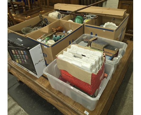 5 BOXES OF VARIOUS CERAMICS, BRIC A BAC, EP WARE, CHINA WARE, 2 BOXES OF BOOKS, PROJECTOR AND SCREEN, SHOOTING STICK, EWBANK 
