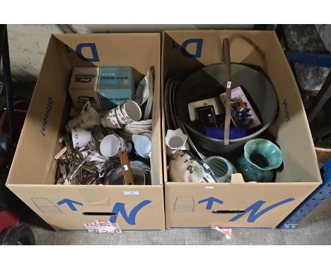 2 BOXES CONTAINING VARIOUS TEAWARE, VINTAGE IRON, VINTAGE KETTLE, USING CUTLERY, JELLY PAN, ASSORTED COINS, GLASS VASE, MASON