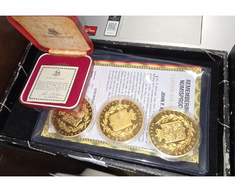 2 BOXES CONTAINING VARIOUS GOLD PLATED COINS, STERLING SILVER GOLD PLATED COIN