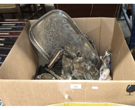 LARGE BOX COMPRISING QUANTITY OF EP WARE, CUTLERY, DOUBLE HANDLED SERVING TRAY, PAIR OF LARGE EP CANDLESTICKS, DIVISION DISH,