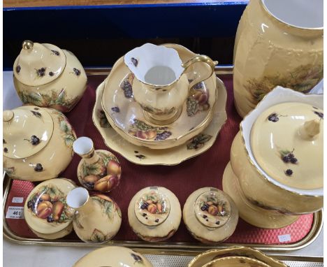 16 PIECES OF AYNSLEY ORCHARD GOLD FINE BONE CHINA COMPRISING VASES, BASIN &amp; EWER, LIDDED GINGER JARS