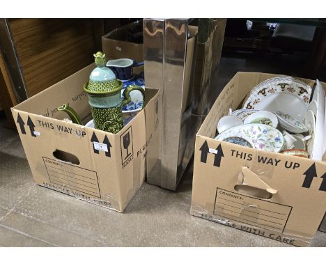 3 BOXES OF VARIOUS CERAMICS, DINNER PLATES, BLUE &amp; WHITE EWER, POTTERY TEAPOT, JUGS ETC