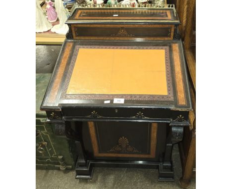 VICTORIAN EBONISED &amp; BRASS INLAID DAVENPORT     