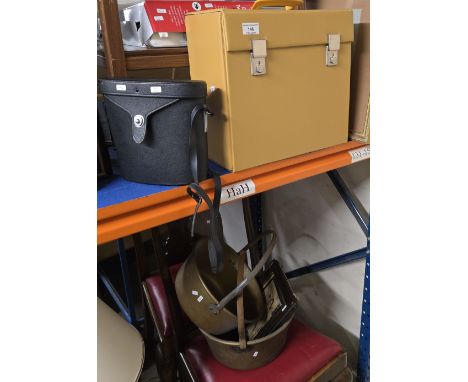 QUANTITY OF LP RECORDS, VICTORIAN BRASS COLUMNED PARAFFIN LAMP, PAIR OF 10 X 50 BINOCULARS, 2 JELLY PANS,DENBY STYLE LAMP &am
