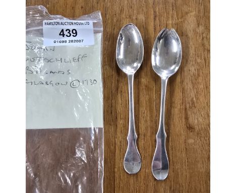 2 VARIOUS SILVER SPOONS ONE IS BY JOHAN GOTSCHLIEFF BILSANDS GLASGOW CIRCA 1730 &amp; ONE OTHER, WEIGHT APPROX 22 GRAMS.
