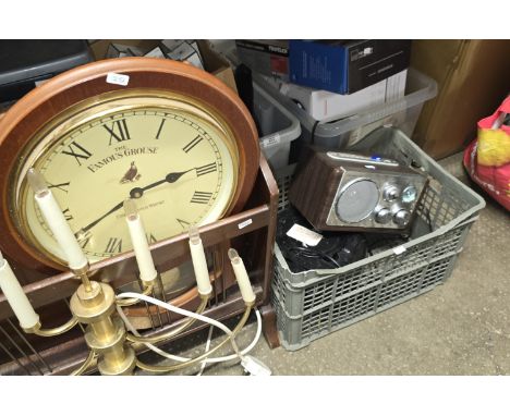 WALL CLOCK, MAHOGANY MAGAZINE RACK, TABLE LAMP, STORAGE TOWER, BOX CONTAINING VARIOUS CHANEL NO 5 BOXES, VARIOUS COSTUME JEWE