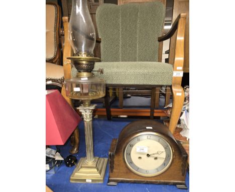SMITH ENFIELD OAK CASED MANTLE CLOCK, BRASS COLUMNED PARAFFIN LAMP