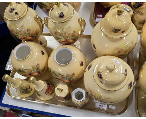 TRAY CONTAINING APPROX 12 PIECES OF AYNSLEY ORCHARD GOLD FINE BONE CHINA COMPRISING 3 PAIRS OF VASES, PAIR OF TABLE BELLS, SM