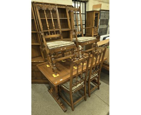 ERCOL PULL OUT DINING TABLE WITH 6 MATCHING CHAIRS COMPRISING 2 HAND &amp; 2 CARVERS, 3 SECTION DISPLAY DRESSER