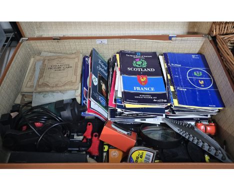 VARIOUS TOOLS, QUANTITY OF OLD CIGARETTE CARD ALBUMS, MEASURING TAPE, QUANTITY OF RUGBY PROGRAMMES, THE PARKSIDE BENCH GRINDE