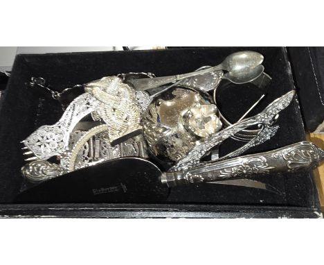 QUANTITY OF VARIOUS EP &amp; WHITE METAL BRACELETS, CUTLERY, SILVER HANDLED KNIFE, SHEFFIELD SILVER HANDLED CAKE SLICE, ETC
