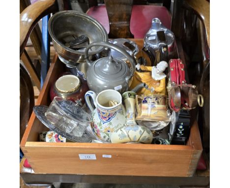 BOX CONTAINING 4 PIECE PICQUOT WARE TEA SERVICE, PEWTER TEAPOT, ROYAL DOULTON FIGURINE, PAIR OF BELLOWS, NORITAKE DISH, VASE,