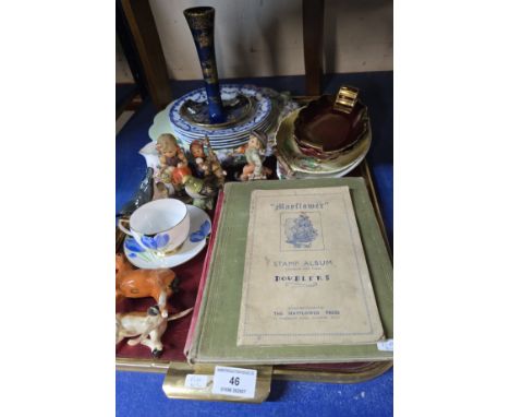 TRAY CONTAINING STAMP ALBUM, VARIOUS HUMMEL FIGURINES, BESWICK HORSES, CUP &amp; SAUCER, CARLTON WARE CANDLESTICK, CARLTON WA