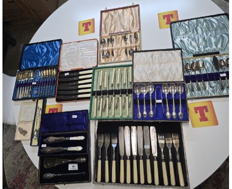 LARGE QUANTITY OF CASED USING CUTLERY COMPRISING FISH KNIFES &amp; FORKS, 4 BOXED SETS OF TEA SPOONS &amp; SUGAR TONGS, MOTHE