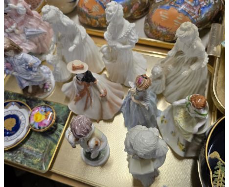 10 ROYAL WORCESTER FIGURINES INCLUDING WALKING OUT DRESSES, ROYAL WORCESTER PIN DISH, LIDDED DISH &amp; ROYAL WORCESTER PLATE