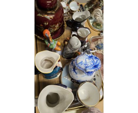 TRAY CONTAINING ROYAL DOULTON BALLOON MAN DISPLAY PLATE, VARIOUS TOBY JUGS, NOVELTY OWL TEAPOT, ASPEN GIRL, STAFFORDSHIRE FIG