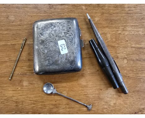 BIRMINGHAM SILVER CIGARETTE CASE, STERLING SILVER PENCIL, SILVER COIN SPOON, EBONISED WITH GOLD PLATED CHEROT CIGARETTE HOLDE