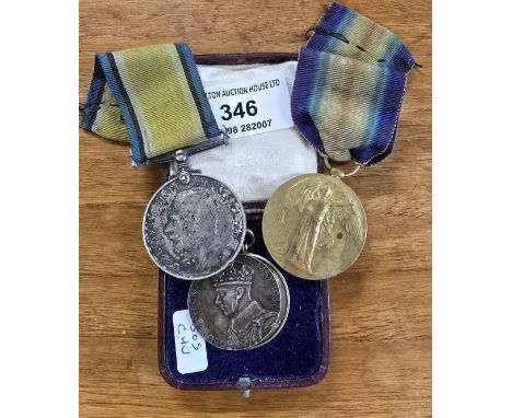 WW1 DUO MEDAL SET COMPRISING 1914-18 SILVER MEDAL &amp; VICTORY MEDAL AWARDED TO PTE A SMITH SCORIF, LOYAL SERVICE MEDAL THE 