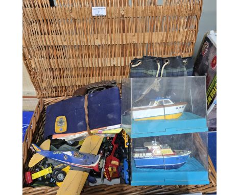 VARIOUS TOY PLANE, BOYS BRIGADE HAT &amp; BELT, MODEL CARS, MODEL BOATS, VINTAGE LEGO ETC IN WICKER HAMPER