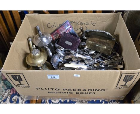 BOX CONTAINING EP TEAPOT, COFFEE POT, VARIOUS USING EP CUTLERY, CASED ENGINEERS TOOLS, EP TRAY, ETC