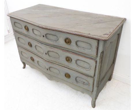 A French serpentine-fronted painted commode (probably late 18th century): the faux marble moulded top above three full-width 