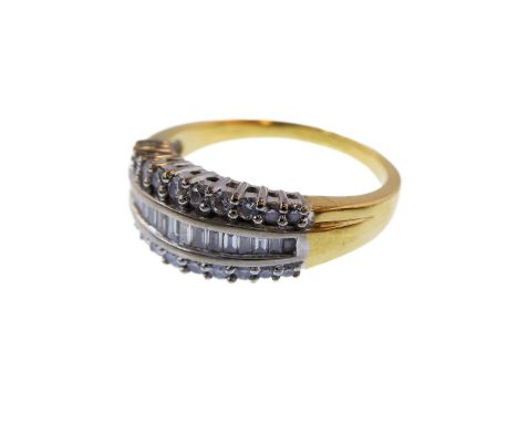 A diamond-set and 18-carat gold half hoop ring, the central line of graduated baguette-cut diamonds with a line of brilliant-