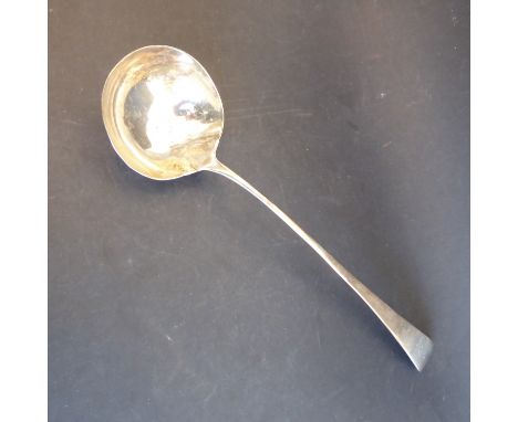 A hallmarked silver Old English pattern ladle: engraved armorial, maker's mark IL (34.5cm, re-strengthening repair where stem