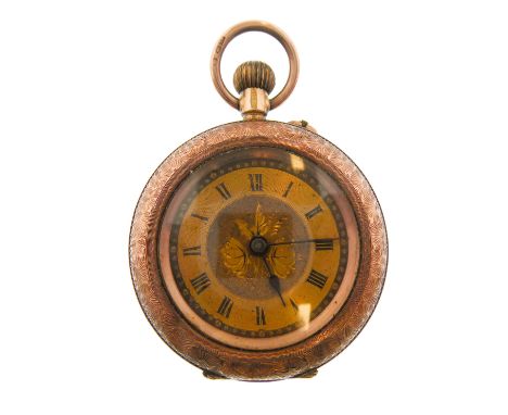 A 9-carat yellow-gold open-faced pocket watch: the finely engraved dial with Roman numerals, floral and foliate engraving to 