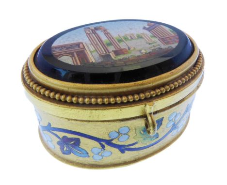 A small oval gilt-metal and enamel Italian Grand-Tour-style box with hinged cover (20th century): the cover decorated in micr