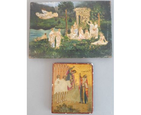 A small 19th century icon on wooden panel (probably Russian/Greek, possibly of St Peter), paper label with ink writing verso 