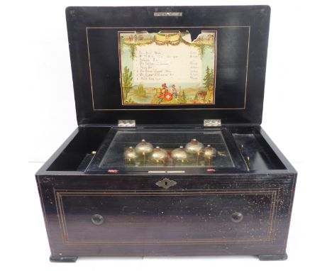A late 19th century musical box playing on eight airs and six bells: the rosewood banded lid with central marquetry decoratio