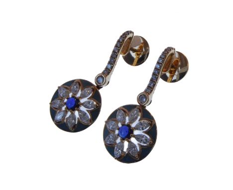 A pair of fine quality 18-carat gold, enamel, sapphire and diamond earringsCondition Report: Overall condition very goodOvera