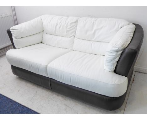 A fine modern two-seater leather sofa:&nbsp;white-leather seats; dark-grey base, sides and back (approx. 172cm wide x 94cm de