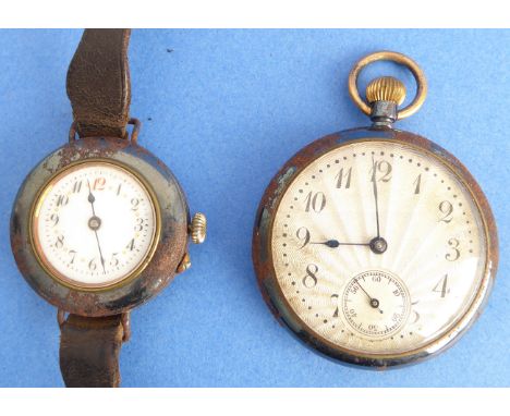 Two watches for restoration: an early 20th century gentleman's open-faced pocket watch, the guilloché enamel dial with Arabic