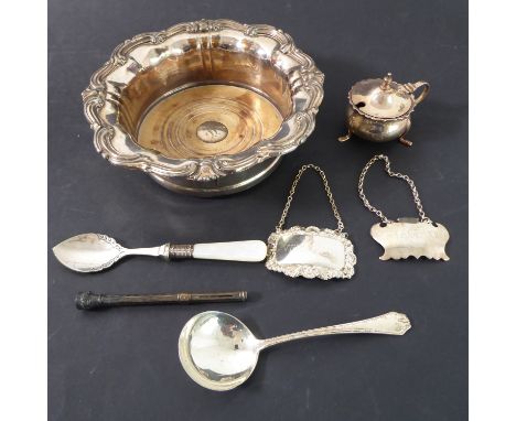 A selection of silver (5) and silver plate (2):The hallmarked silver comprising two 20th century wine tickets, 'Vermouth' and