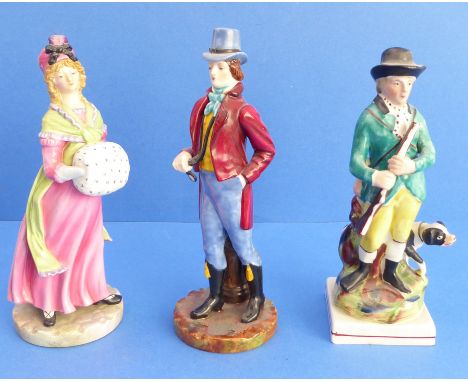 A pair of early 20th century Royal Worcester porcelain figures and a mid-19th century pottery figure in Staffordshire style. 